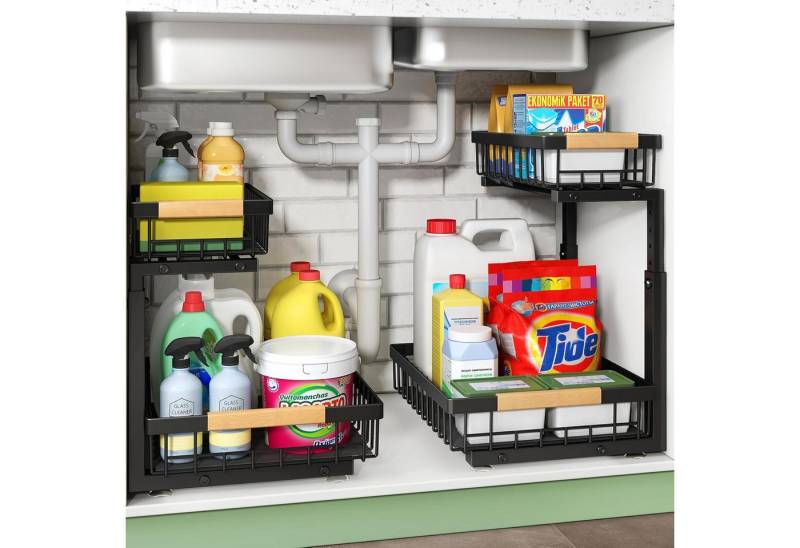 NUODWELL Küchenregal Küchen Schrank Organizer 2 Etagen, Unter Waschbecken Regal, Höhenverstellbar Waschbeckenunterschrank mit 2 Schiebeschublade von NUODWELL