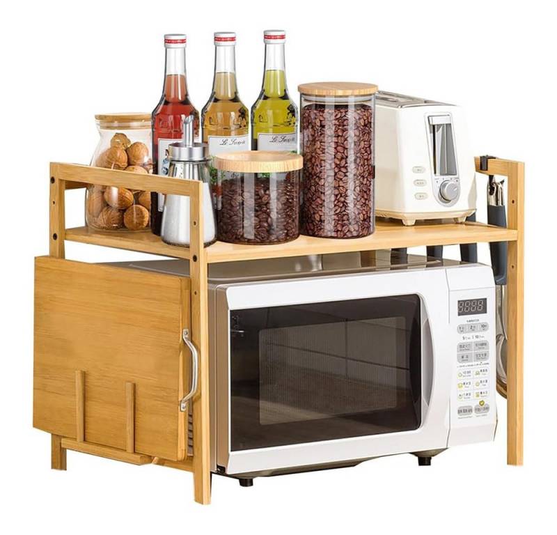 NUODWELL Küchenregal Mikrowellen Regal, Microwave Stand mit Schneidebrettständer und Hacken, 2 Ebenen Erweiterbares Bamboo Mikrowellenständer von NUODWELL