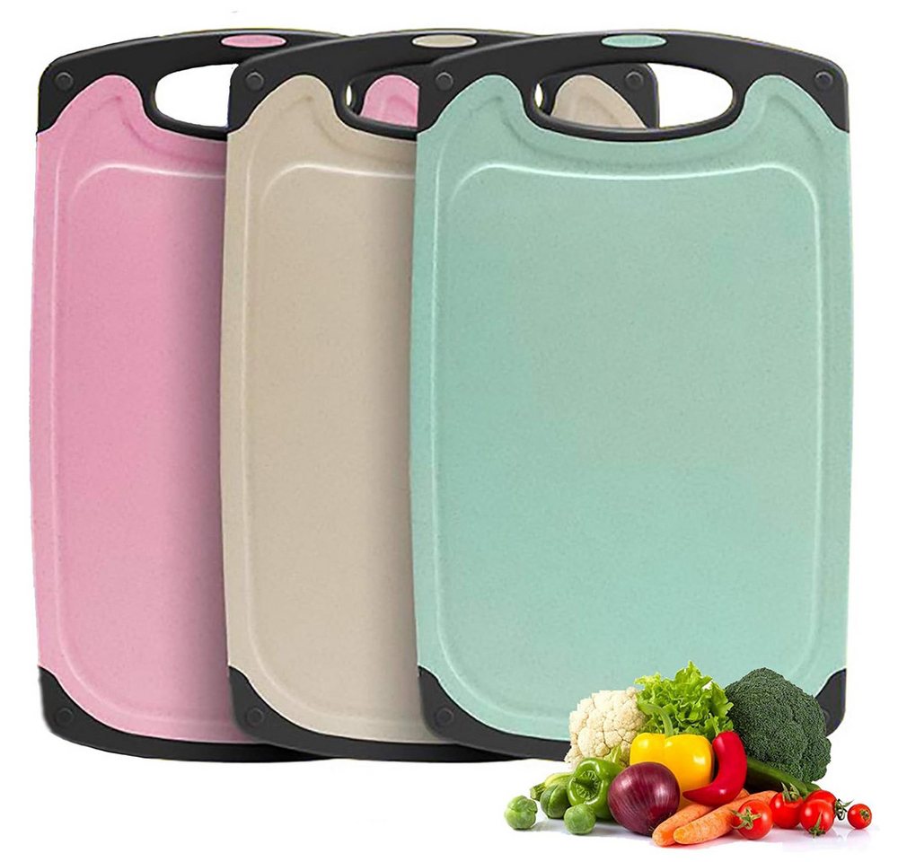 NUODWELL Schneidebrett Schneidebrett Set 3 Stück, mit Saftrillen und Griffe, Rutschfestem, (3-St), Küche Kunststoff Schneidebretter BPA Frei, Hängenden Löchern, 3 Farben von NUODWELL