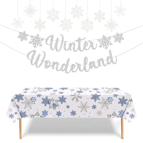 Winter Wonderland Banner, Schneeflocken Tischdecke, Weiß Schneeflocken Deko, Schneeflocken zum Aufhängen, Weihnachten Deko, für Weihnachten Winter Geburtstag Babyparty Party Dekor (A) von NUOGUAYI