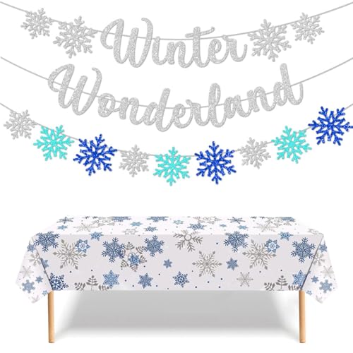 Winter Wonderland Banner, Schneeflocken Tischdecke, Weiß Schneeflocken Deko, Schneeflocken zum Aufhängen, Weihnachten Deko, für Weihnachten Winter Geburtstag Babyparty Party Dekor (B) von NUOGUAYI