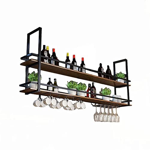Decken-Weinregal für die Küche – an der Wand montierter Kunstständer aus Eisen – hängendes Wandregal aus massivem Holz, 2-stufiger Weinglashalter im Vintage-Stil, umgedrehtes Aufbewahrungsregal f von NUONUO