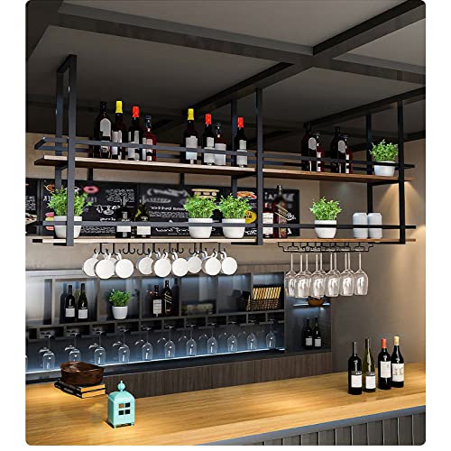 NUONUO Rustikales hängendes Weinregal, industrielles Deckenregal, 2-stufiger Vintage-Weinaufbewahrungshalter mit Stielglas-Ablage und Schutzschiene, für Küchenbar unter dem Schrank von NUONUO