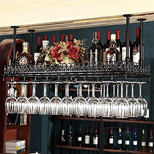 Weinregal Bar Weinregal Deckenwandmontiertes Weinflaschenregal, hängender schwarzer Eisenkunst-Rotweinhalter Höhenverstellbarer industrieller Stielglashalter groß, 60 x 35 cm, 60 x 35 cm Vision von NUONUO