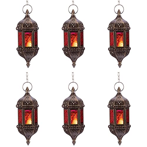 6 Stück hängende sechseckige dekorative marokkanische Kerzenlaternenhalter, handgefertigter hängender Teelichthalter in Bronze-Metall & rot & lila Glas Geschenk & Dekorationsartikel von NUPTIO