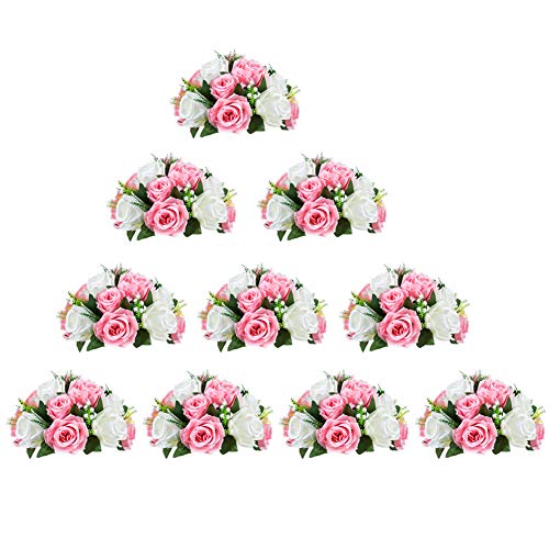 NUPTIO 10 Stück Künstliche Blumenstrauß, 15 Köpfe Kunststoff Rosen mit Sockel, Geeignet für Unser Geschäft Hochzeit Herzstück Blumenregal für Parteien Valentinstag Dekoration(Pink & Weiß) von NUPTIO