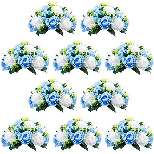NUPTIO 10 Stück Künstliche Blumenstrauß, 15 Köpfe Kunststoff Rosen mit Sockel, Geeignet für Unser Geschäft Hochzeit Herzstück Blumenregal für Parteien Valentinstag Wohnkultur (Blau & Weiß) von NUPTIO