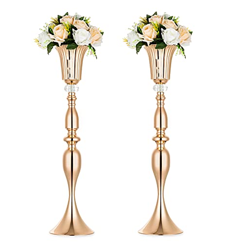 NUPTIO 2 Stück Goldene Vase für Blumen, Metall Bodenvase Gold mit Kristallperle, 74cm Hoch Blumenständer für Tischdekoration Herzstück Jubiläumsparty Geburtstagsveranstaltung Gang Dekoration von NUPTIO