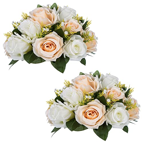 NUPTIO 2 Stück Künstliche Blumenstrauß, 15 Köpfe Kunststoff Rosen mit Sockel, Geeignet für Unser Geschäft Hochzeit Herzstück Blumenregal für Parteien Valentinstag Dekoration(Champagner & Weiß) von NUPTIO