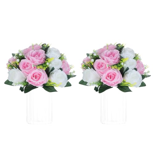 NUPTIO 2 Stück Künstliche Blumenstrauß, 15 Köpfe Kunststoff Rosen mit Sockel, Geeignet für Unser Geschäft Hochzeit Herzstück Blumenregal für Parteien Valentinstag Dekoration(Pink & Weiß) von NUPTIO