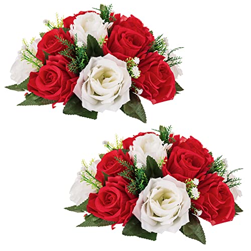 NUPTIO 2 Stück Künstliche Blumenstrauß, 15 Köpfe Kunststoff Rosen mit Sockel, Geeignet für Unser Geschäft Hochzeit Herzstück Blumenregal für Parteien Valentinstag Dekoration(Rot-Weiss) von NUPTIO