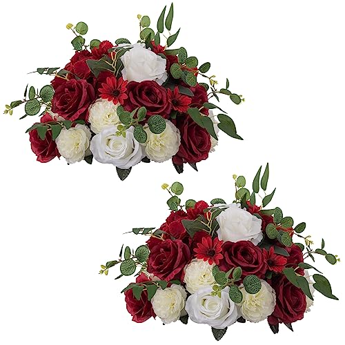 NUPTIO Blume Anordnung Bouquet 2 Stück 35cm Durchmesser Karminrot & Weiß Künstliche Blumen Rosen Kugeln für Tafelaufsätze Künstliche Rosenarrangements für Hochzeit Party Tischdekorationen von NUPTIO