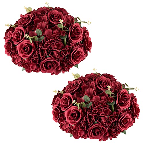 NUPTIO Blume Hochzeit Tafelaufsätze für Tische: 2 Stück Burgunder Künstliche Blumen Rosen Kugeln 36cm Durchmesser für Gefälschte Seide Rose für Hochzeiten Empfang Geburtstag Party Dekoration von NUPTIO