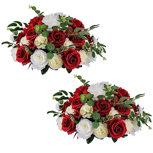 NUPTIO Blumenkugel Arrangement Bouquet 2 Stück 45cm Karminrot & Weiße Künstliche Blumen Rosen Kugeln für Tafelaufsätze Tische Große Seide Gefälschte Rose für Hochzeit Tafelaufsatz Dekoration von NUPTIO