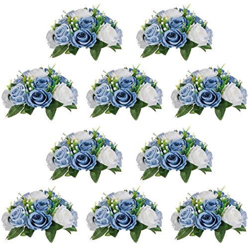 NUPTIO Blumenkugeln für Hochzeit Tafelaufsätze - 10 Stück 24cm Durchmesser Künstliche Blume Ball Anordnung Bouquet Party für Tische - Staubig Blau Gefälschte Rose Blumen für Hochzeiten Dekor von NUPTIO