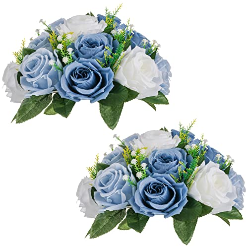 NUPTIO Blumenkugeln für Hochzeit Tafelaufsätze - 2 Stück 24cm Durchmesser Künstliche Blume Ball Anordnung Bouquet Party für Tische - Staubig Blau Gefälschte Rose Blumen für Hochzeiten Dekor von NUPTIO