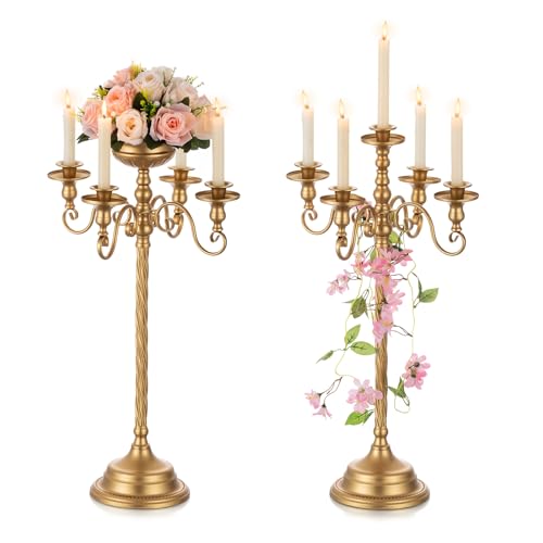 NUPTIO Blumenständer Gold Vasen Hochzeit Tischdeko 2 Stück 70cm Höhe Kerzenständer 5 Armig Kerzenleuchter Gold Metall Blume Trompete Vase Geburtstag Party Home Dekorationen Dining Table Deco von NUPTIO