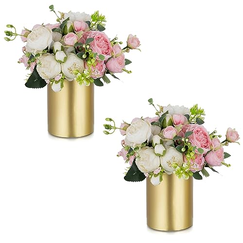NUPTIO Blumenvase Klein Hochzeit Tafelaufsätze: 2 Stücke 13cm Gold Künstliche Blumen Vasen Tisch Tafelaufsatz Metall Floralen Rose Zylinder Essen Wohnzimmer Party Moderne Ästhetische Dekorationen von NUPTIO