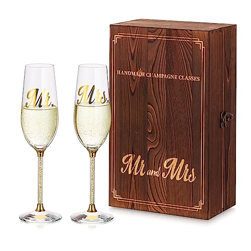 NUPTIO Champagner Gläser Kristall Hochzeitsgeschenk: 2er Set Sektgläser Glas Personalisiert mit Holzgeschenkbox Mr & Mrs Prosecco Toasting Flute für Hochzeiten Verlobung Jahrestag Geburtstagsparty von NUPTIO