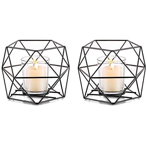 NUPTIO Geometrische Kerzenhalter Schwarz Teelichthalter - 2er Kerzenständer Esstisch Deko Moderne Regal Badezimmer Wohnzimmer Kleine Dekoartikel Metall Windlicht Teelichter von NUPTIO