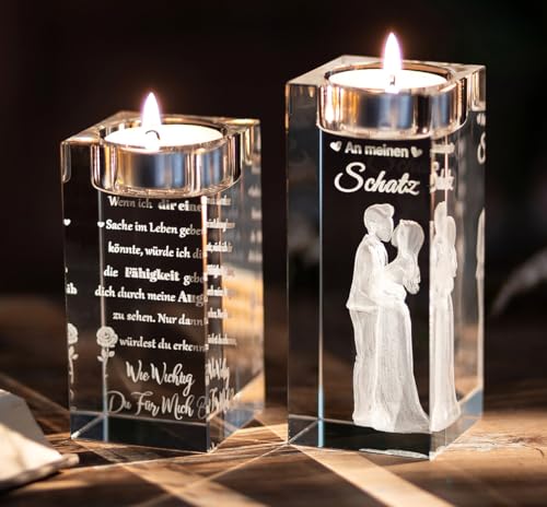 NUPTIO Geschenk 3D Glas Kristall Valentinstag - Jahrestag Geschenke für Ihn Hochzeit Teelichthalter Kerzenständer Gravur Partner - Männer Sie Frauen Freundin Hochzeitstag Geburtstag Mann Liebe 2er von NUPTIO