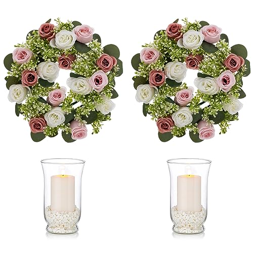 NUPTIO Glas Kerzenhalter Stumpenkerzen mit Blumenkranz Deko 2 Stück 34cm Glaszylinder für Kerzen Kerzenstände Schwimmende Kerzen Herbst Kranz, Verstaubt Rosen Hochzeit Tisch Zeremonie Dekorationen von NUPTIO