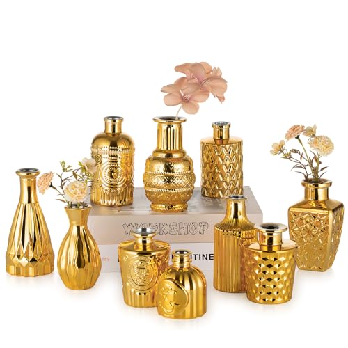 NUPTIO Glas Vasen Gold für Blumen: Satz von 10 Kleinen Glasvase für Hochzeit Tischdekoration Mini Einzelnen Stiel Vintage Gerippt Blumenvase für Weihnachten Geburtstag Party Wohnzimmer Dekoration von NUPTIO