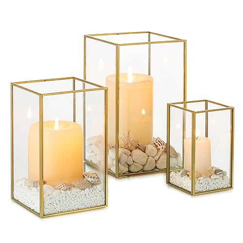 NUPTIO Glas Windlicht Kerzenständer Gold: Set von 3 Metall Stumpenkerzen Kerzenhalter Gehärtetes Glas Laternen Outdoor für Hochzeit tischdeko Weihnachten Halloween Wohnzimmer Tischplatte von NUPTIO