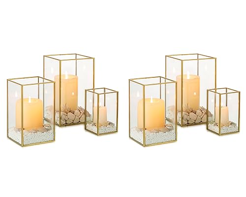 NUPTIO Glas Windlicht Kerzenständer Gold: Set von 6 Metall Stumpenkerzen Kerzenhalter Gehärtetes Glas Laternen Outdoor für Hochzeit tischdeko Weihnachten Halloween Wohnzimmer Tischplatte von NUPTIO