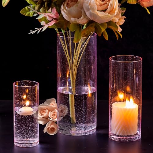 NUPTIO Glaszylinder Windlicht Vase Rosa - 3 Stück Kerzenständer Glasvase Kerzenhalter für Schwimmende Stumpenkerzen Teelicht Kerzen Dickes Blasen Vasen Set Round Blumenvase Hochzeit Wohnzimmer von NUPTIO