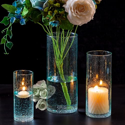 NUPTIO Glaszylinder mit Boden Windlicht Grün - 3 Stück Kerzenständer Glasvase Kerzenhalter für Schwimmende Stumpenkerzen Teelicht Kerzen Blau Dickes Blasen Vasen Set Round Blumenvase Hochzei von NUPTIO