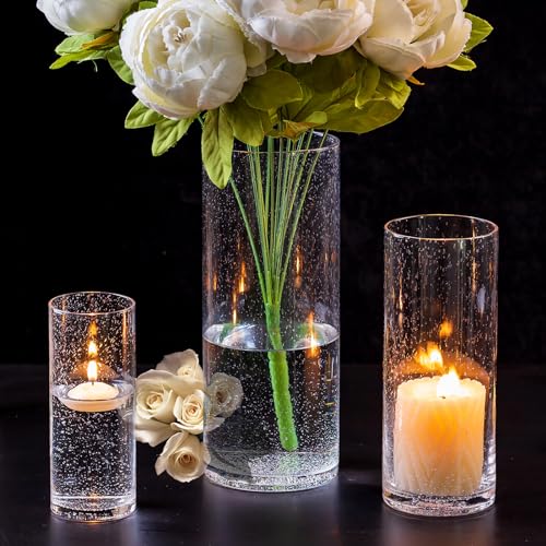 NUPTIO Glaszylinder mit Boden Windlicht Vase - 3 Stück Kerzenständer Glasvase Klar Kerzenhalter für Schwimmende Stumpenkerzen Teelicht Kerzen Dickes Blasen Set Round Blumenvase Hochzeit Wohnzimmer von NUPTIO