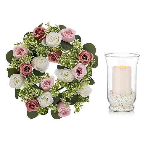 NUPTIO Glaszylinder mit Boden für Kerzen Glas Kerzenhalter, 34cm Türkranz Sommer Frühling mit Glas Schwimmkerzen Blumenkranz Deko Outdoor Ganzjährig Hochzeit Tafelaufsätze Tische Dekorationen von NUPTIO