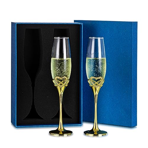 NUPTIO Gold Sektgläser Hochzeit für Brautpaar: Hochzeits Gläser Set mit 2 Kristall Sektglas, Prosecco-Glas-Geschenkset für hochzeitsgeschenk Paare Verlobung Anstoßen Party, in Geschenkbox von NUPTIO
