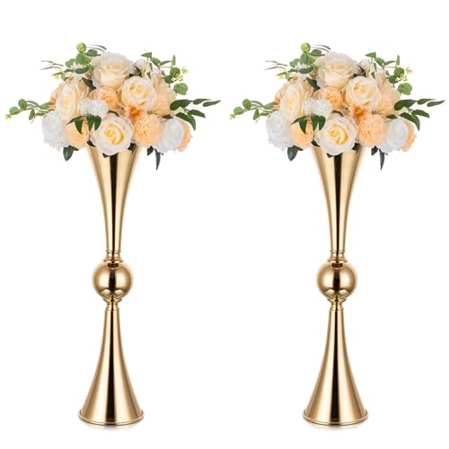 NUPTIO Gold Vase für Blumenschmuck Metall: 2 Stück 66.5cm Hoch Blumenständer Hochzeit Mittelstücke für Tische Trompete Vasen Elegant Hochzeiten Jahrestag Partei Wohnzimmer Nach Hause Dekoration von NUPTIO