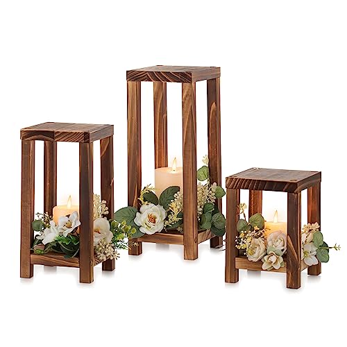 NUPTIO Holz Holzlaterne Kerzenlaternen Rustikal: 3 Stück Laterne für Kerzen Holz Laternen Kerzenhalter Indoor Wohnzimmer, Dekorative Bauernhof Hochzeit Kamin Weihnachten Dekor, 32.5cm&25.7cm&17.7cm von NUPTIO