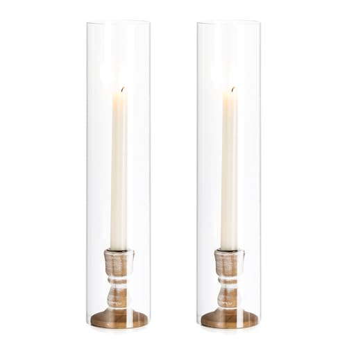 NUPTIO Holz Kerzenständer Glaszylinder Kerzen: 2 Stücke Glas Kerzenhalter Stabkerzen 35cm Groß Bodenlosen Zylinder Kerzen Windlicht Hochzeit Party Tisch Tafel Tafelaufsatz Esszimmer Deko von NUPTIO