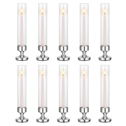 NUPTIO Kerzenständer Glaszylinder Silber Kerzenhalter: 10er 31cm Stabkerzenhalter Stabkerzen Glas Hochzeit Tisch mit Glasaufsatz Ohne Boden Windlicht Glas Zylinder Kerzenhalter Stabkerze Valentinstag von NUPTIO