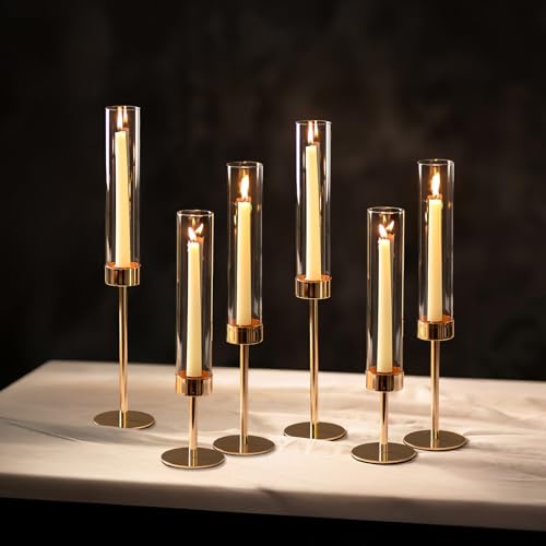 NUPTIO Kerzenständer Gold Glaszylinder für Kerzen: 6er Kerzenhalter Stabkerzen mit Glasaufsatz Glas Stabkerzenhalter Hochzeit Tischdeko Hochzeitsdeko Tisch Goldene Zylinder von NUPTIO