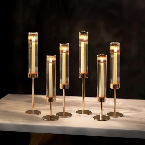 NUPTIO Kerzenständer Gold Glaszylinder für Kerzen: 6er Kerzenhalter Stabkerzen mit Glasaufsatz Riffelglas Glas Stabkerzenhalter Hochzeit Tischdeko Hochzeitsdeko Tisch Goldene Zylinder NUPTIO Kerzenständer Gold Glaszylinder für Kerzen: 6er Kerzenhalter Stabkerzen mit Glasaufsatz Riffelglas Glas Stabkerzenhalter Hochzeit Tischdeko Hochzeitsdeko Tisch Goldene Zylinder von NUPTIO