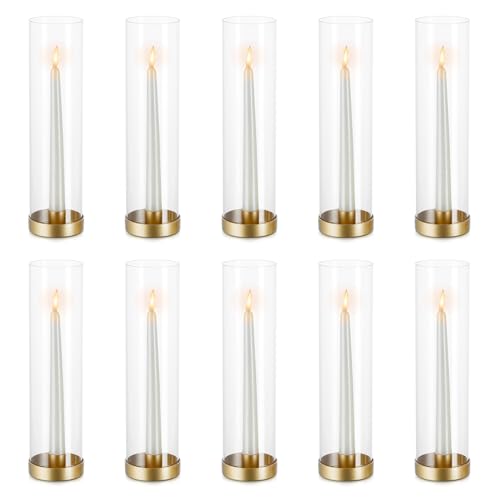 NUPTIO Kerzenständer Goldene Glaszylinder Metall- 10 Stücke Kegel Kerzenhalter Stabkerze Pack Kerzen Klarglas Hurricane Schatten Spitze Kerzen Modern Hochzeit Weihnachten Tisch Abendessen Kamin von NUPTIO