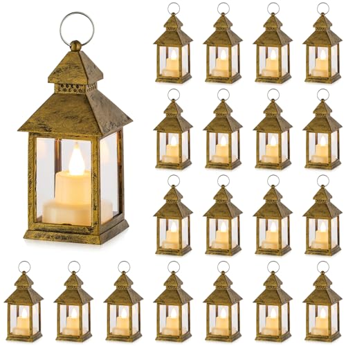 NUPTIO Kleine Laterne Gold Teelicht - 20 Stück Mini Innen Laterne mit Flackernden LED Teelichter Kerzen Schwarz Hängend Vintage Marokkanische Weihnachten Tischdeko Hochzeit Wohnzimmer Orientalische von NUPTIO