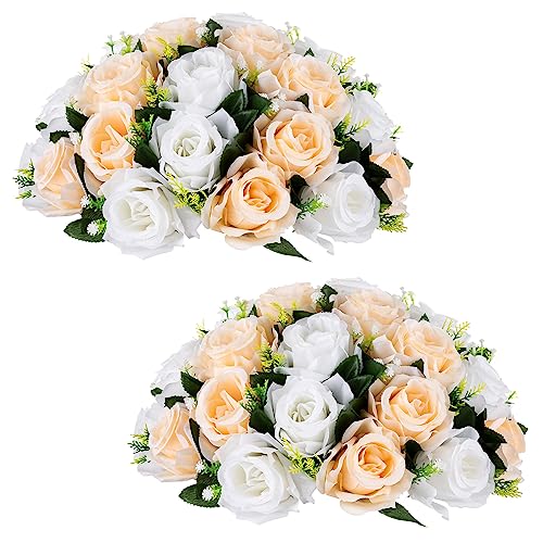 NUPTIO Künstliche Blume Ball Tafelaufsätze: 2 Stück 35cm Durchmesser Champagner & Weiß Gefälschte Blumen Rosen Bälle Groß Tafelaufsatz Faux Rose für Hochzeit Party Tischdekorationen von NUPTIO