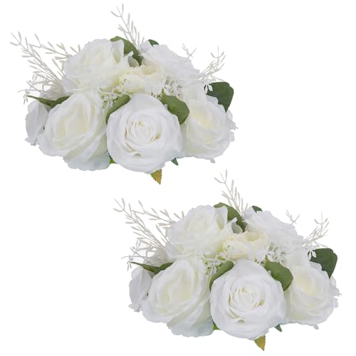 NUPTIO Künstliche Blume Mittelstücke für Tische: 2 Stück 24cm Durchmesser Weiß Gefälschte Rose Blumen Anordnung Seide Faux Bouquet Hochzeit Mittelstücke für Hause Party Jahrestag Dekoration von NUPTIO