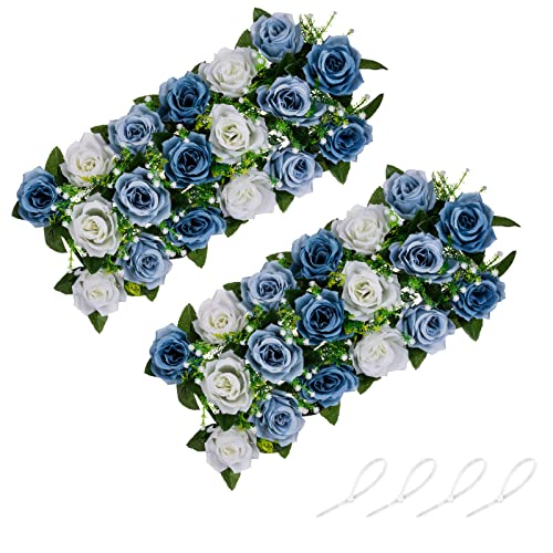 NUPTIO Künstliche Blume Tafelaufsätze für Tische 2 Stück Staubig Blaue Blumen 50cm Lang Gefälschte Rosen Arrangement Seide Blumenarrangement für Hochzeit Party Esstisch Mittelstück Dekoration von NUPTIO