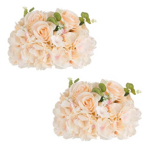 NUPTIO Kunstblumen Mittelstücke Rosen für Tische: 2 Stück 30cm Durchmesser Champagner Gefälschte BlumenBälle Seide Faux Rose Anordnung für Hochzeit Party Mittelstück Tischdekorationen von NUPTIO