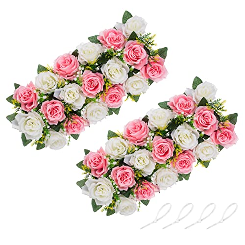 NUPTIO Kunstblumen Mittelstücke für Tische 2 Stück Rosa & Weiße Blumen 50cm Lang Gefälschte Rosen Arrangements Seide Faux Floral Mittelstück für Hochzeit Party Esstisch Kamin Dekorationen von NUPTIO