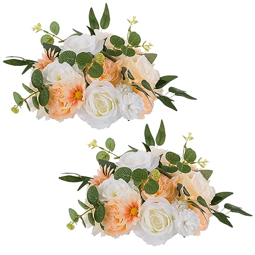 NUPTIO Kunstblumen wie Echt Hochzeit Blumen: 2 Stück 24cm Champagner & Weiße Gefälschte Blumen Rosen Bälle für Tafelaufsätze Tische Künstliche Rose Seide Floral Tafelaufsatz Dekorationen von NUPTIO