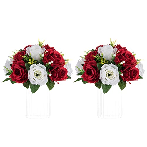 NUPTIO Kunstblumengestecke für Tische - 2 Stück Karminrot & Weiß Kunstblumen Rosen Kugeln 24cm Durchmesser - Seidenimitat Rosengesteck für Hochzeit Party Tafelaufsatz Tischdekoration von NUPTIO