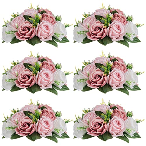 NUPTIO Kunstblumengestecke für Tische - 6 Stück Staubblaue & Weiße Kunstblumen Rosen Kugeln 24cm Durchmesser - Seidenimitat Rosengesteck für Hochzeit Party Tafelaufsatz Tischdekoration von NUPTIO